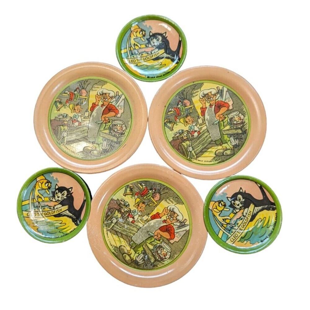 Vtg Ohio Art Pinocchio Tin Litho Tea Set 1939 Disney Plate Cup Saucer Childrens